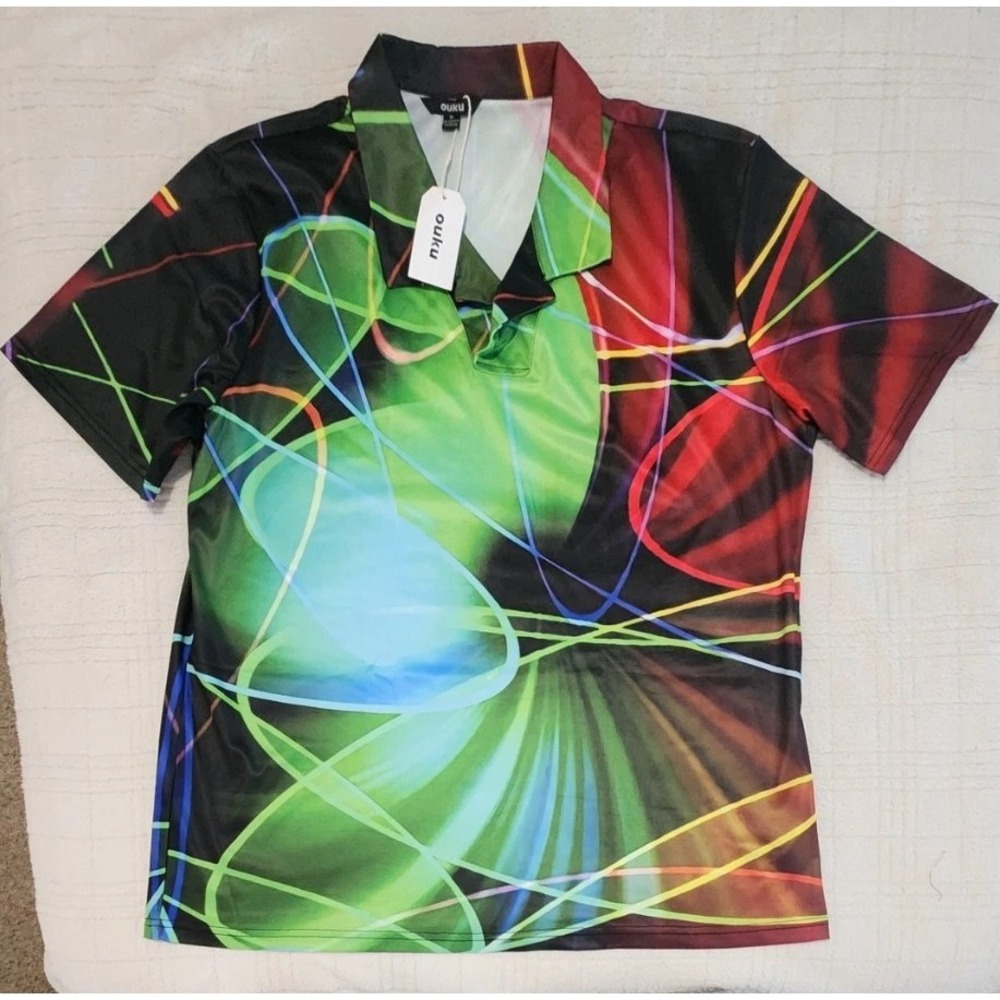 Ouku Shirt Mens XL Colorful Geometric Polo Shirt‎ Short Sleeve NWT